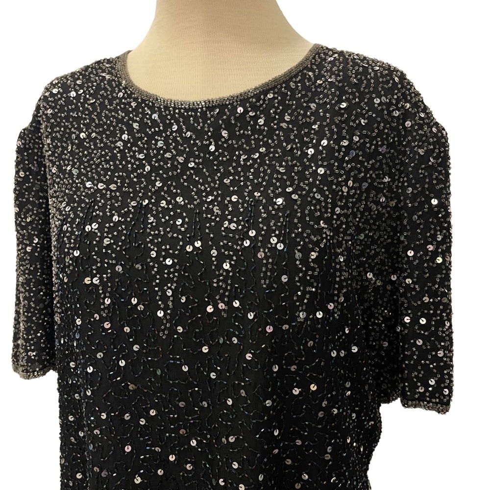 VINTAGE STENAY BLACK SILK SEQUINS TOP SHELL BLOUSE HOLIDAY PARTY EVENING WEAR - Picture 7 of 13